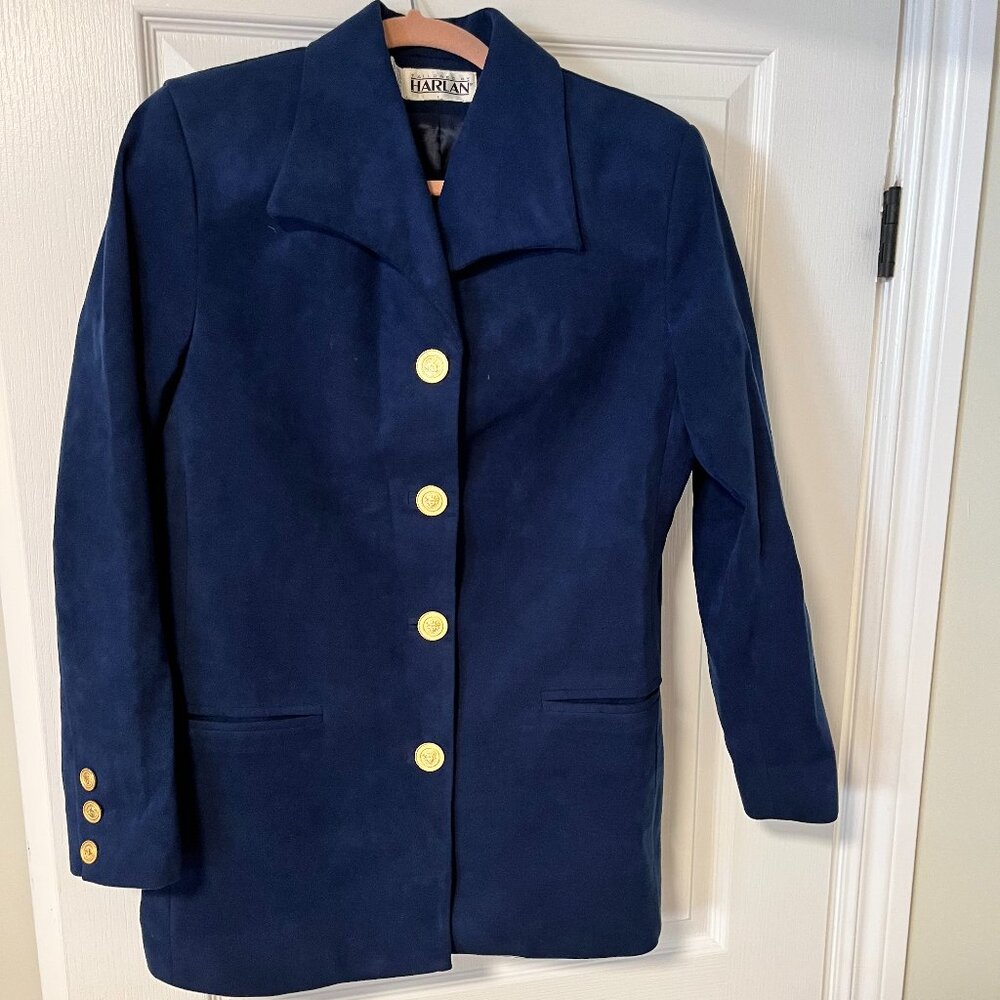 Vintage Blue Suede Blazer with Gold Buttons Tailored By Harlan Size 6